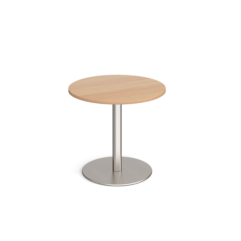 Round table with wood-effect top and metal base on a white background