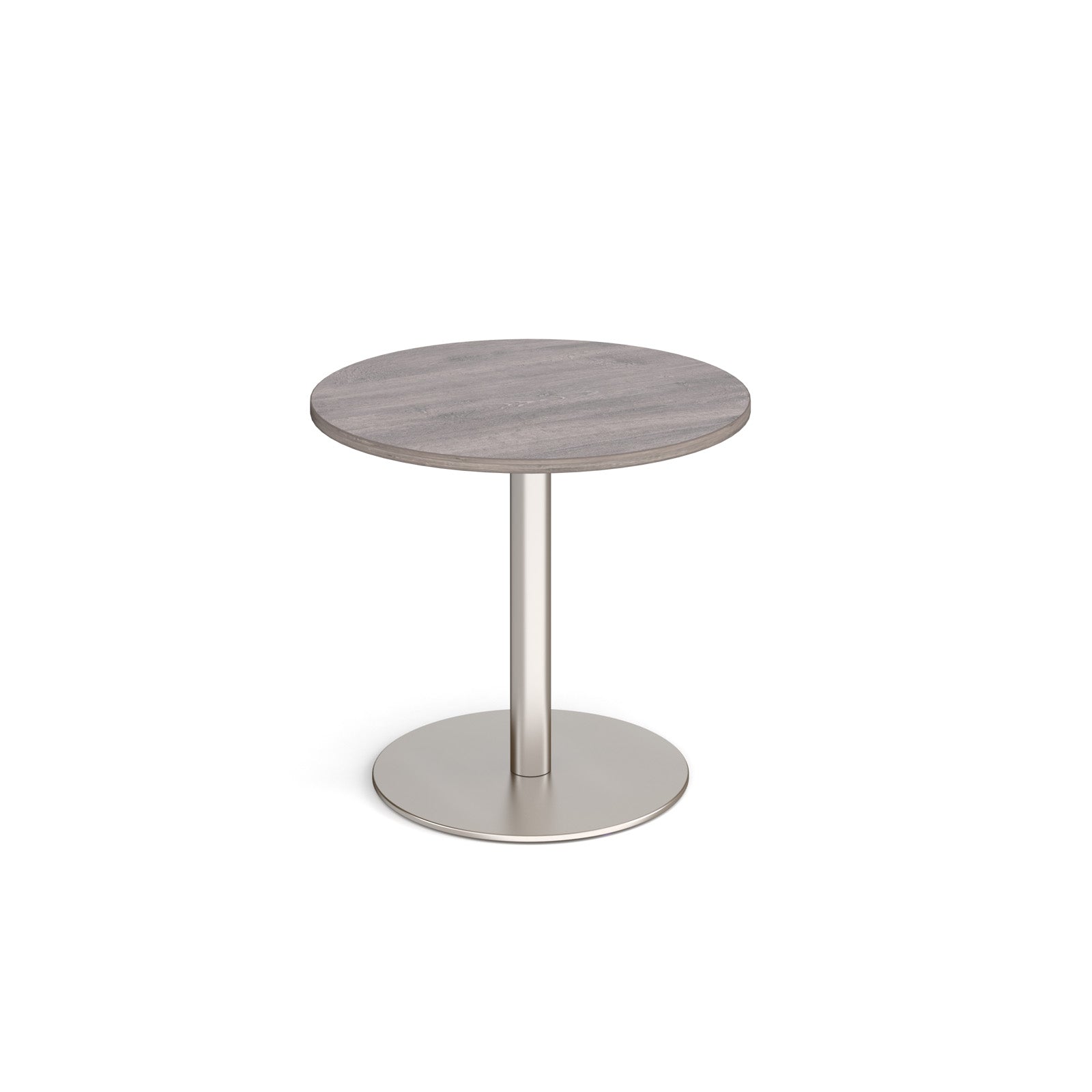 Round table with grey wood-effect top and metal base on a white background
