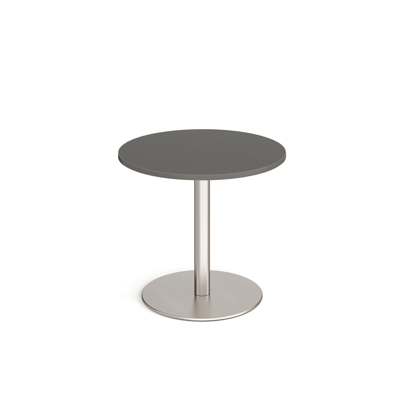 Round table with grey top and metal base on a white background