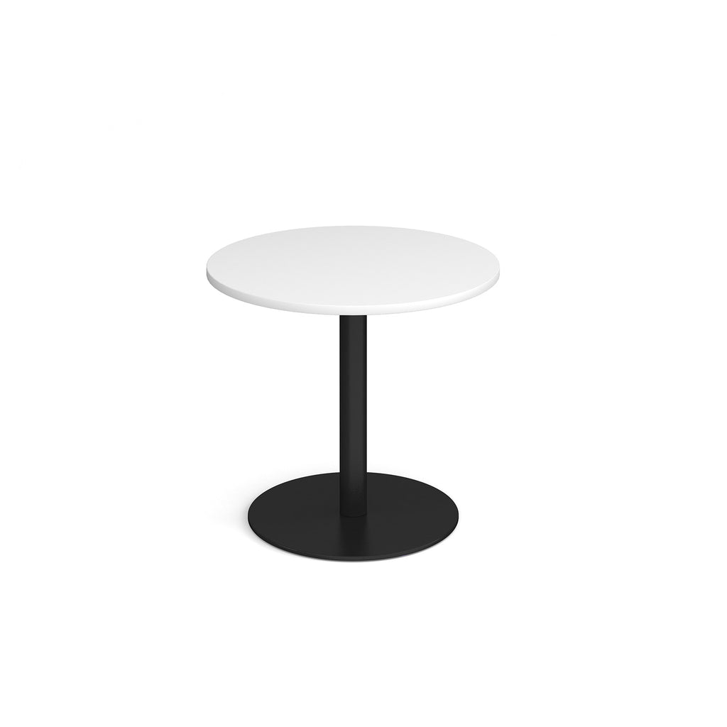 Round table with white top and black base on a white background