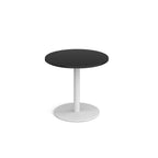 Round table with grey top and white base on a white background
