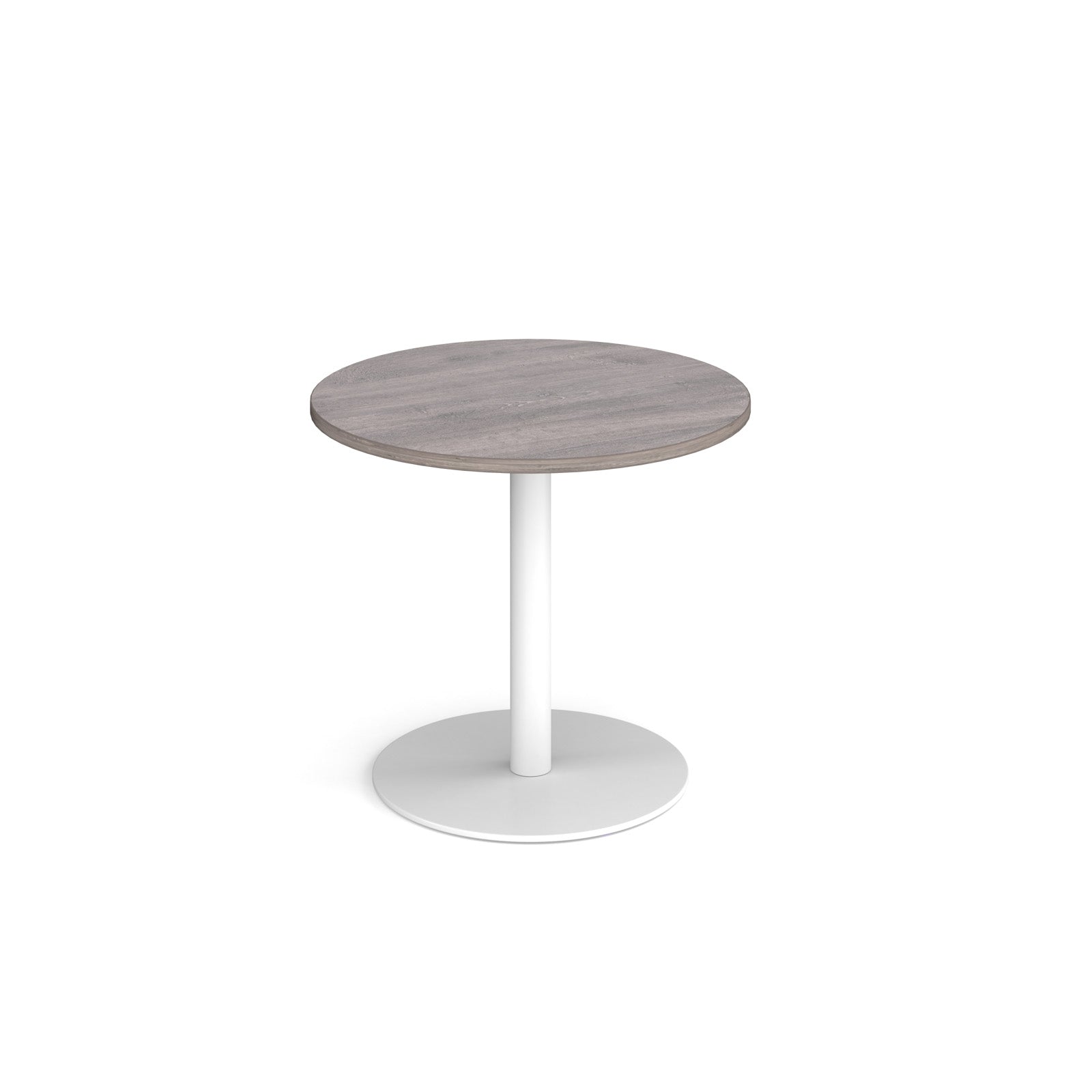 Round table with grey wood-effect top and white base on a white background