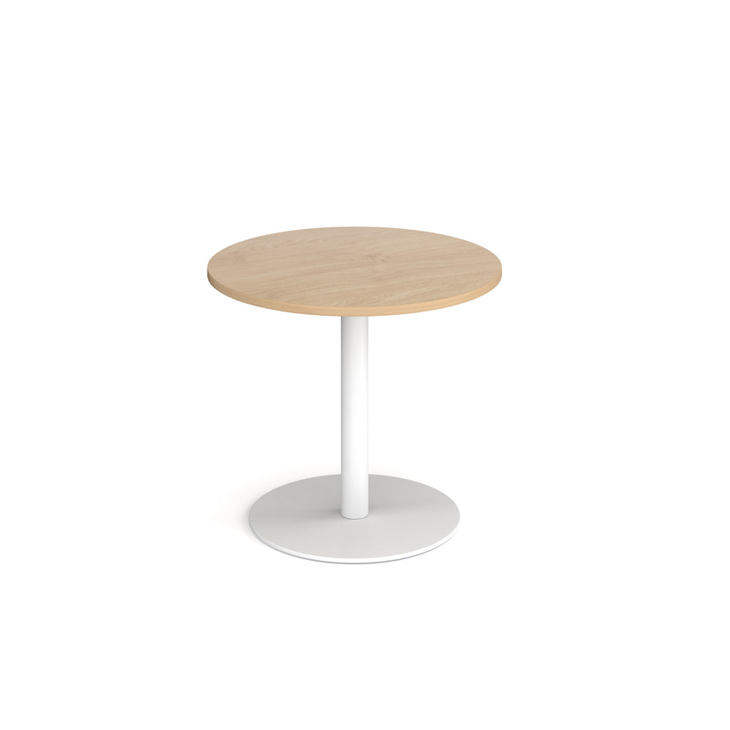Round table with wood-effect top and white base on a white background