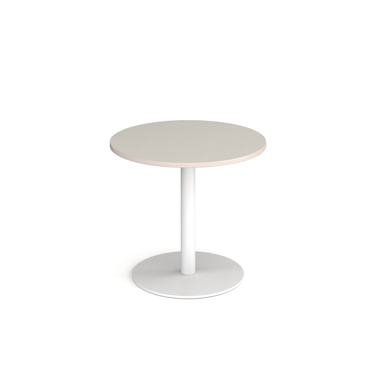 Round table with light grey top and white base on a white background