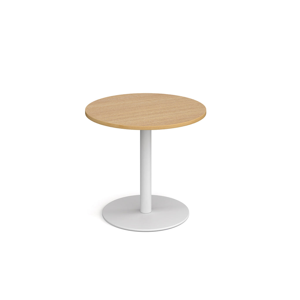 Round table with wood-effect top and white base on a white background