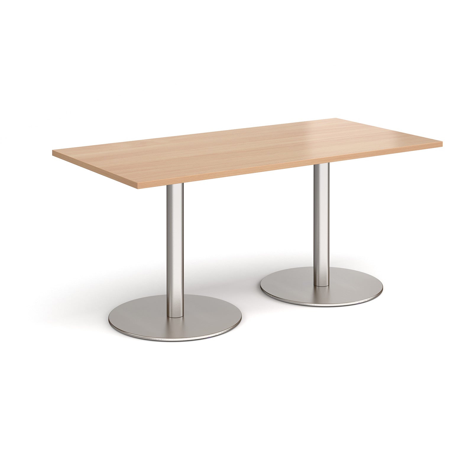 Rectangular table with wood-effect top and metal legs on a white background