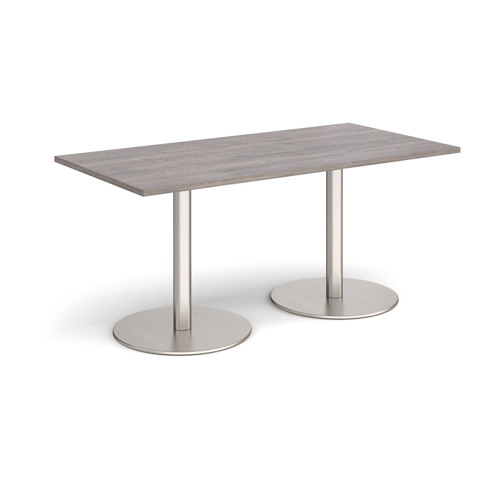 Rectangular table with a grey top and metal legs on a white background