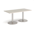 Rectangular table with light grey top and metal legs on a white background