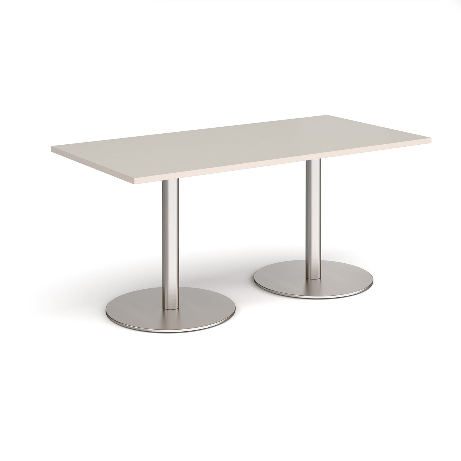 Rectangular table with light grey top and metal legs on a white background