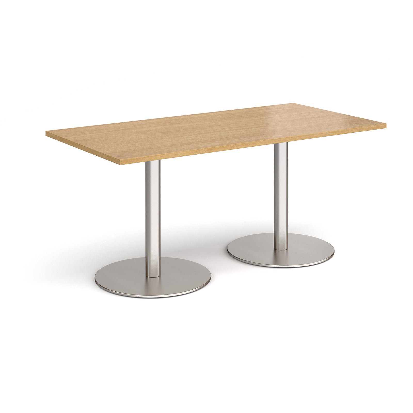 Rectangular table with wood-effect top and metal legs on a white background