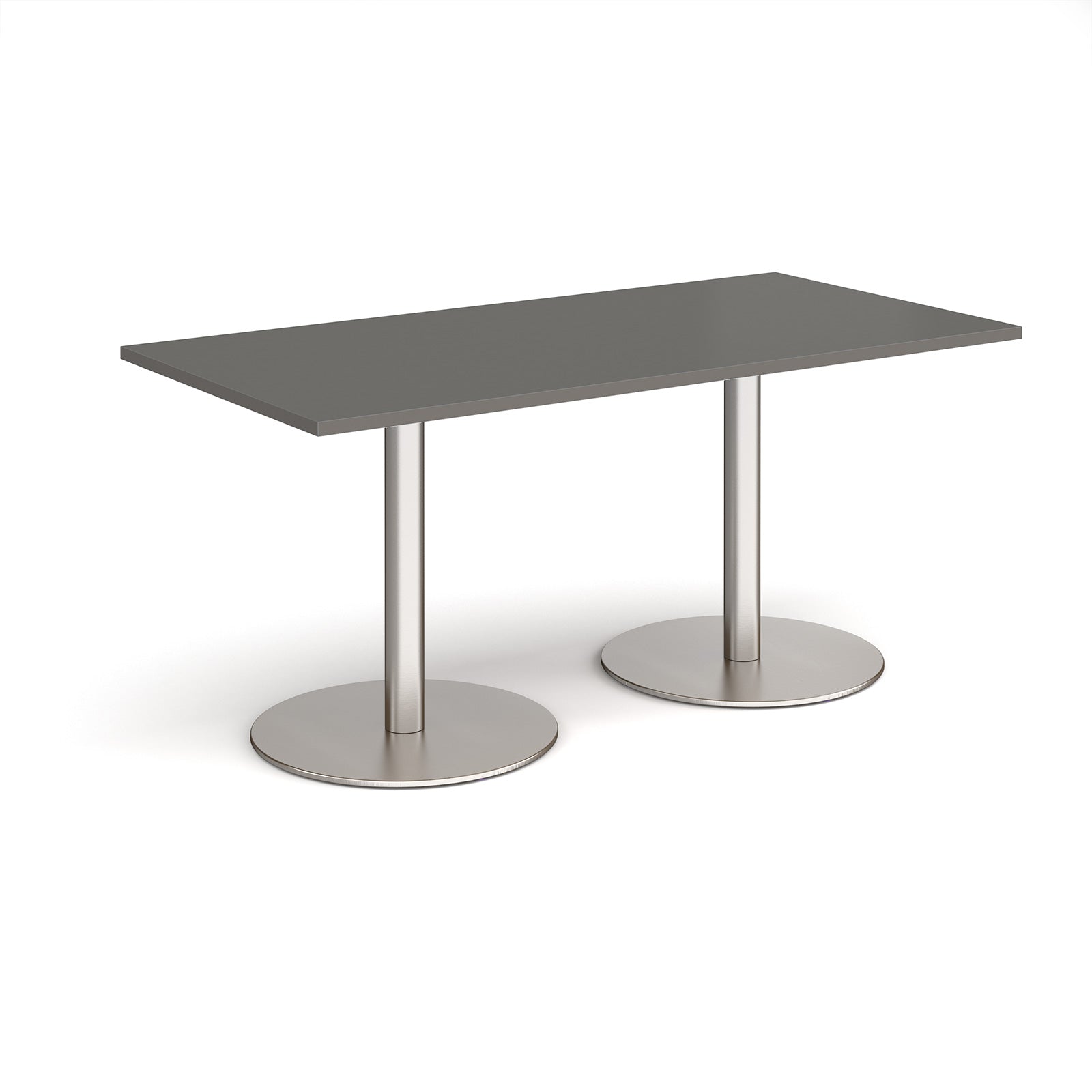 Rectangular table with grey top and metal legs on a white background