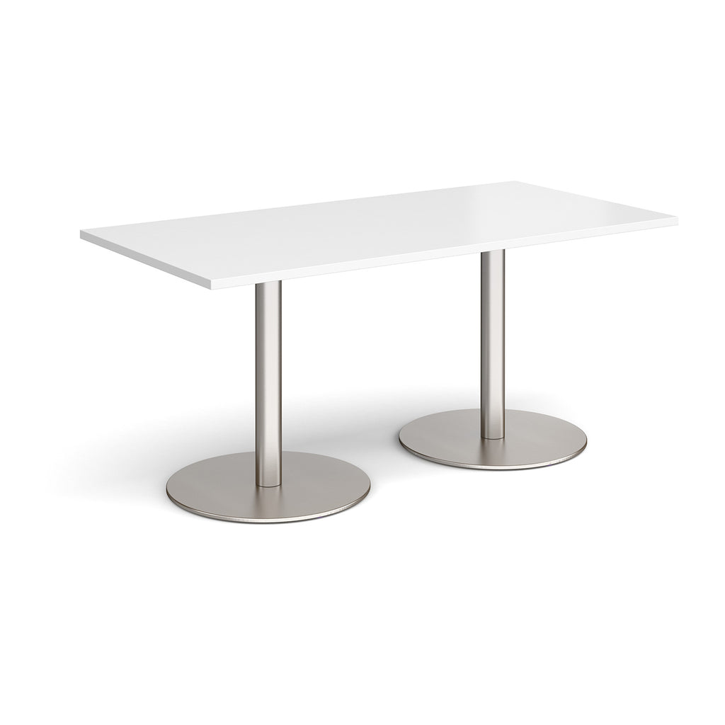 White rectangular table with metal legs on a white background