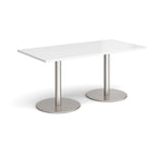 White rectangular table with metal legs on a white background