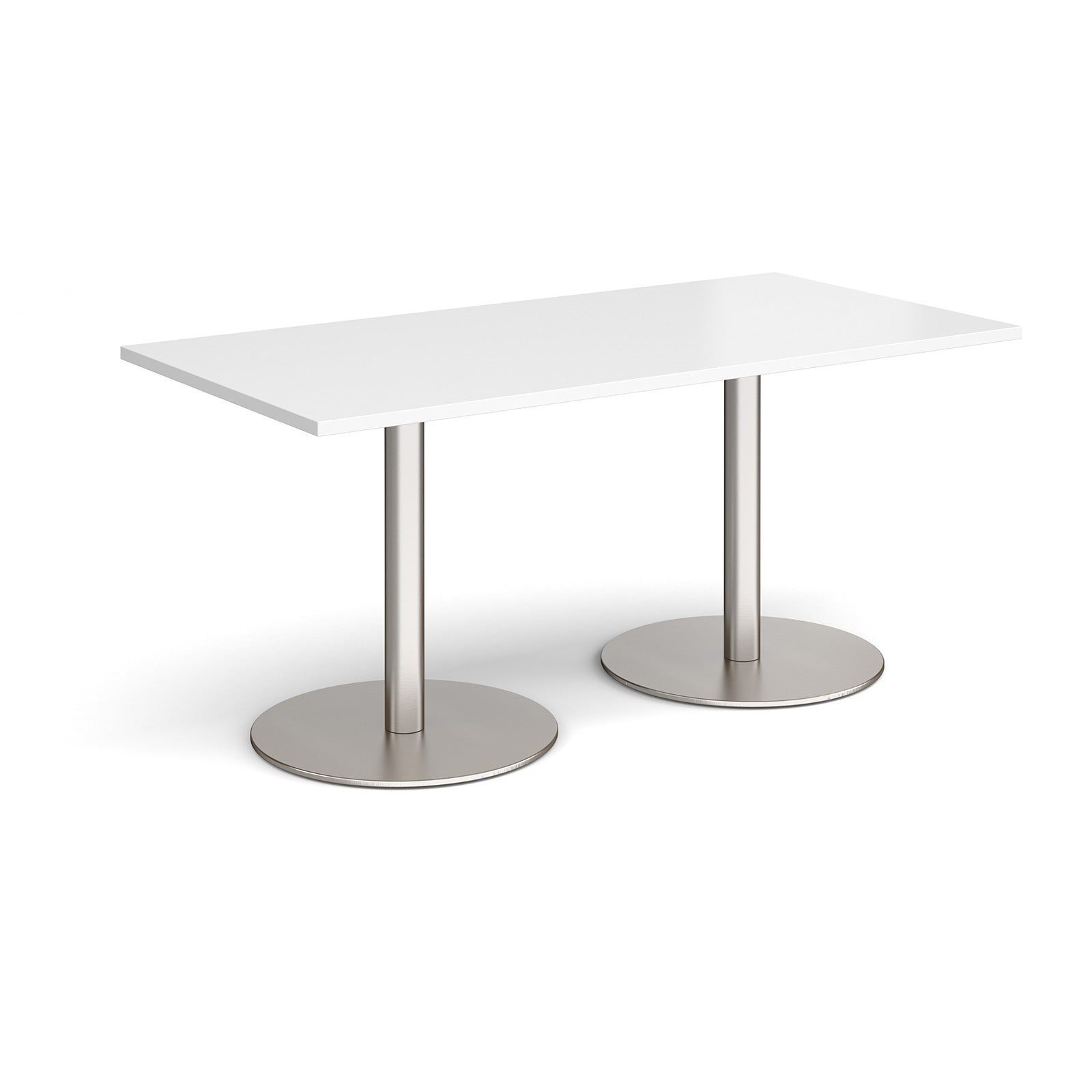 White rectangular table with metal legs on a white background