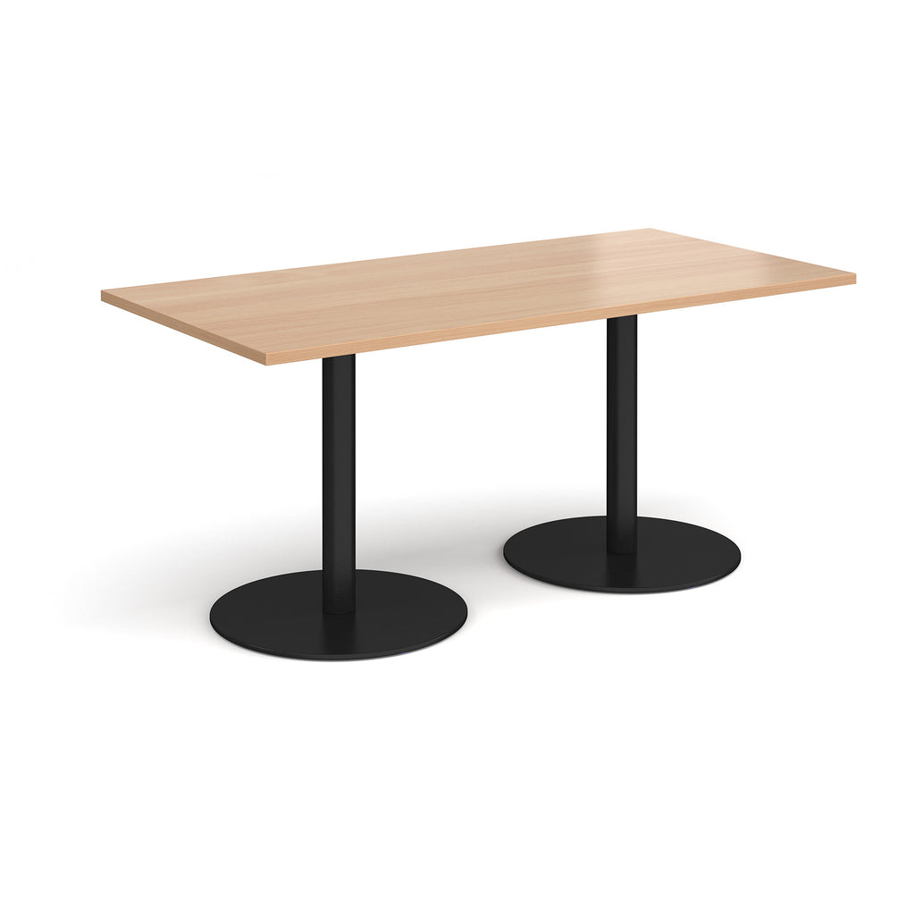 Rectangular table with wood-effect top and black legs on a white background