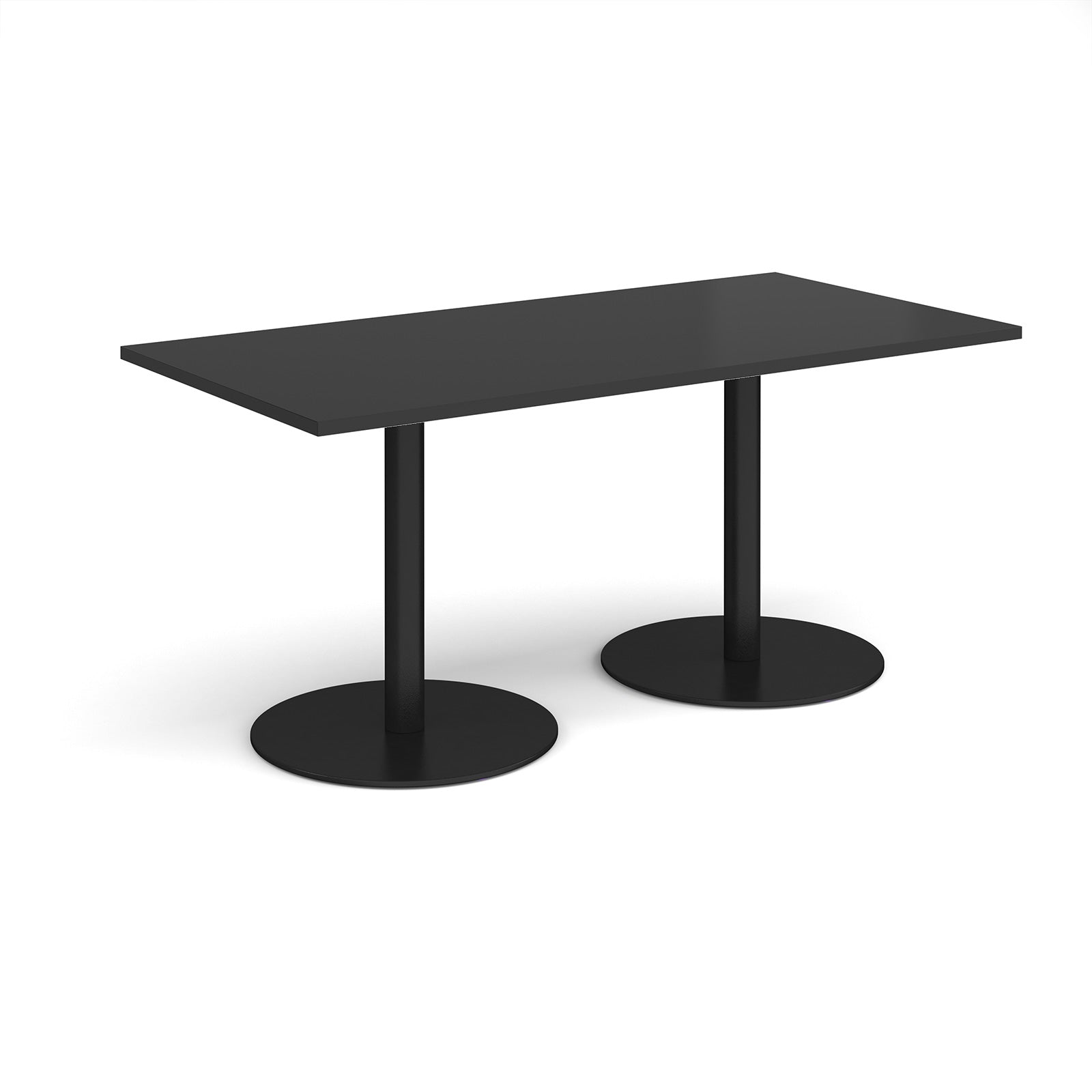 Black rectangular table with two round bases on a white background