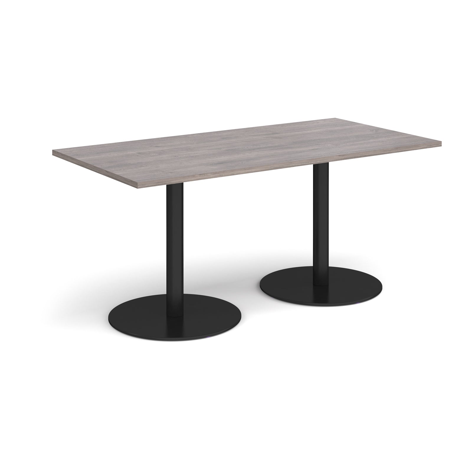 Rectangular table with a grey top and black legs on a white background