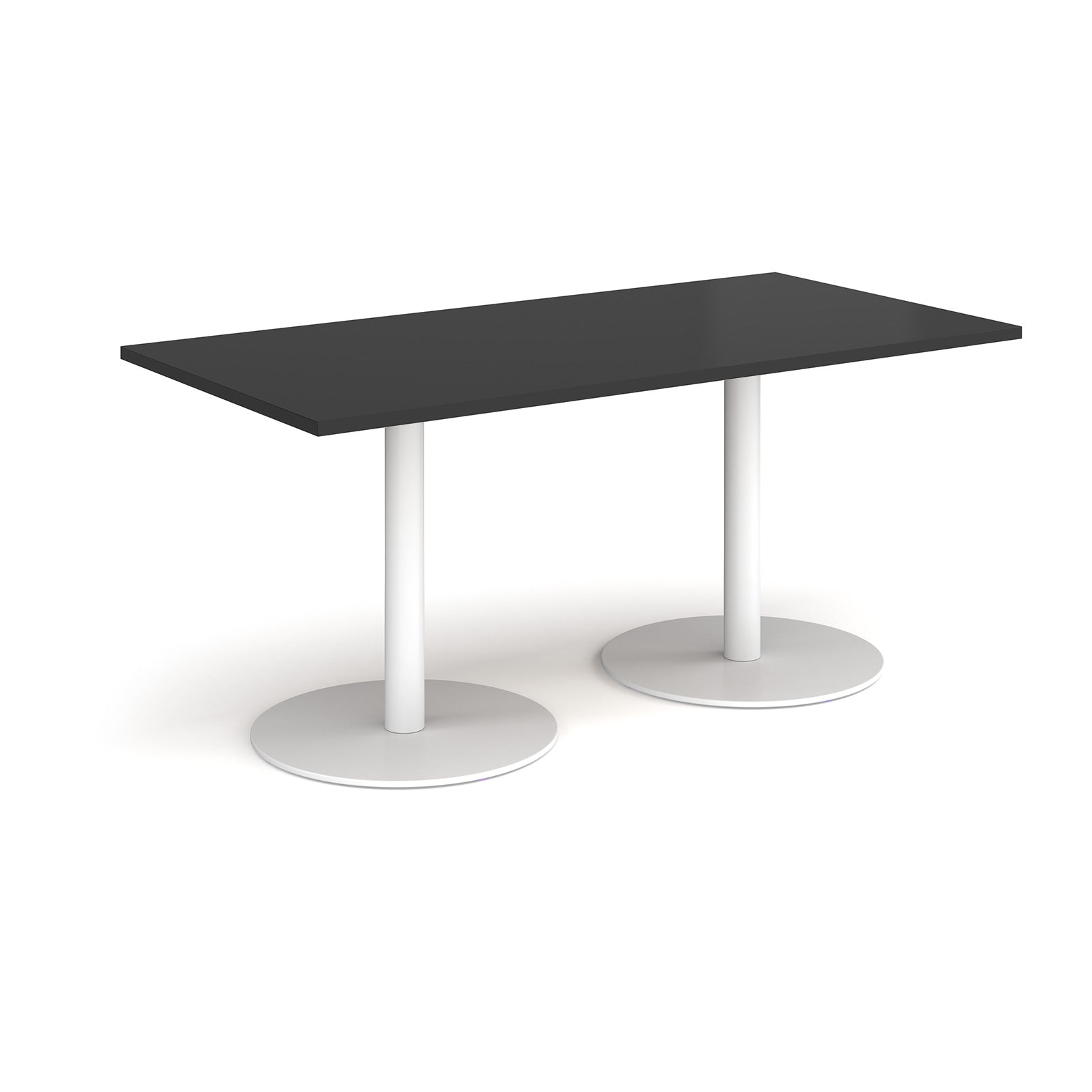 Rectangular black table with white cylindrical bases on a white background