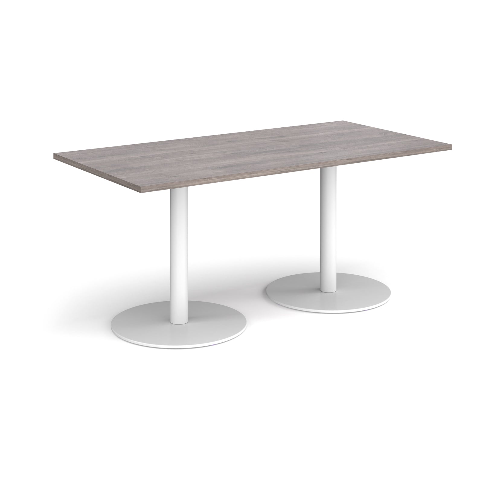 Rectangular table with a grey top and white legs on a white background
