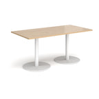 Rectangular table with wood-effect top and white legs on a white background