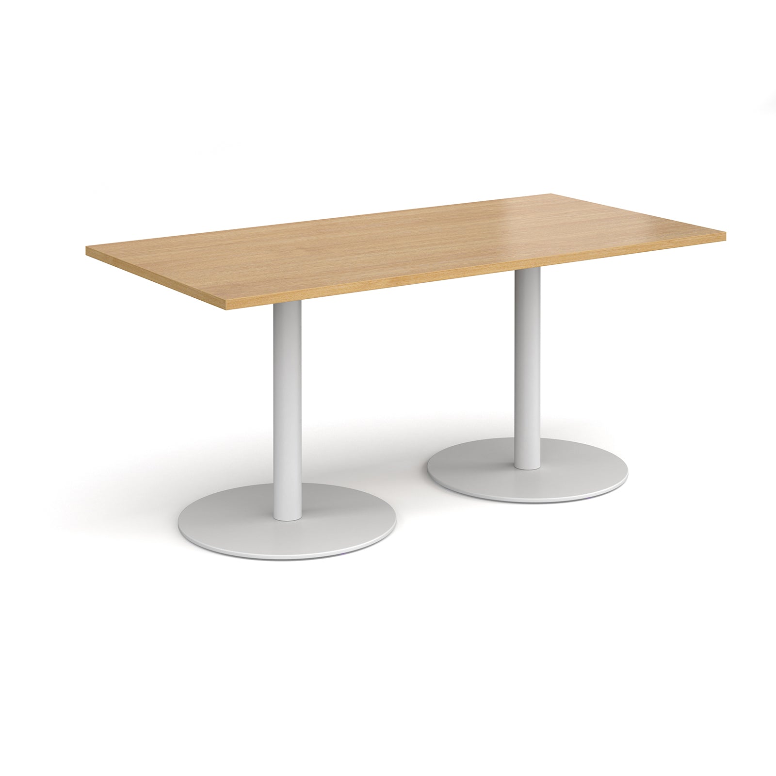 Rectangular table with wood-effect top and white legs on a white background