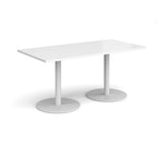 White rectangular table with two round bases on a white background