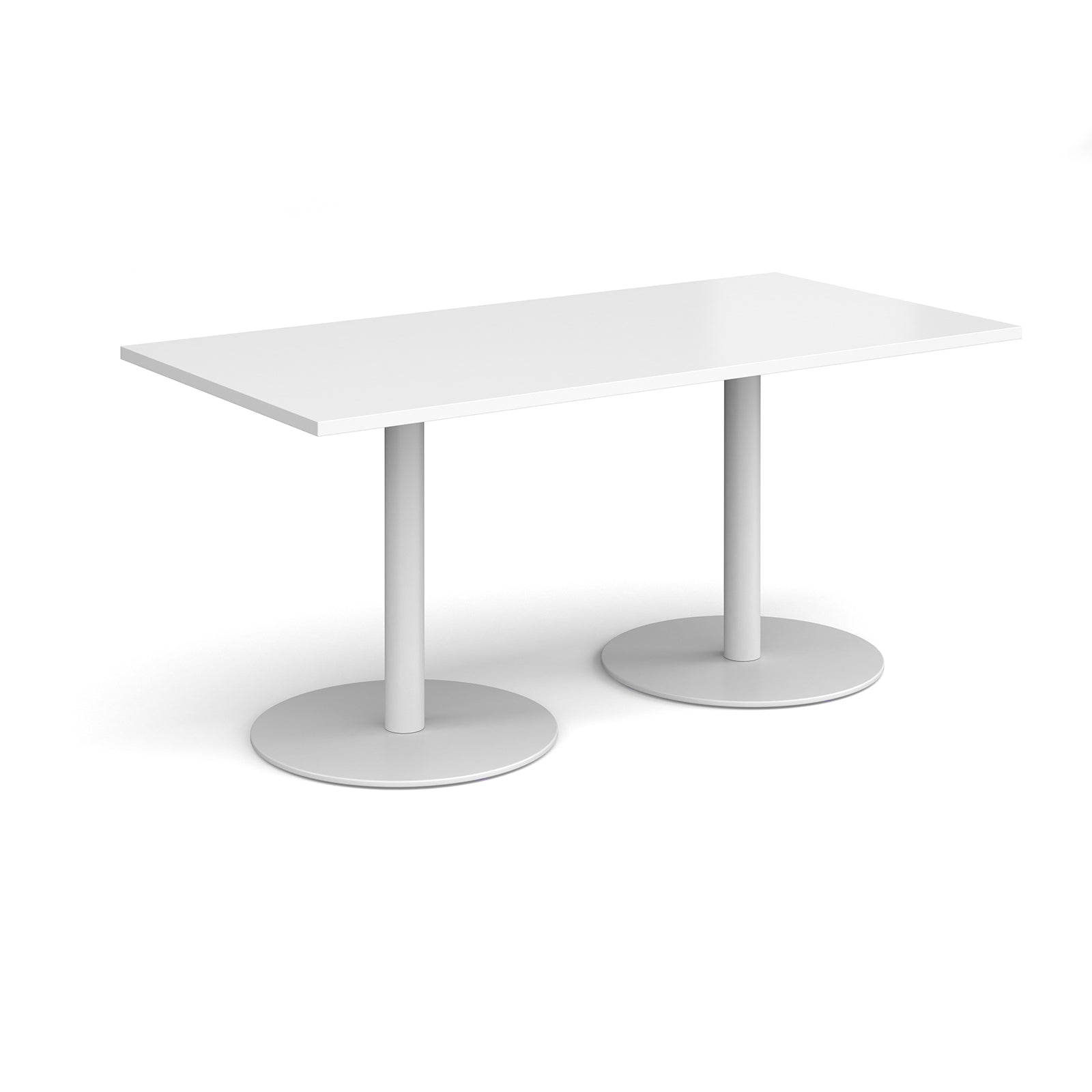 White rectangular table with two round bases on a white background