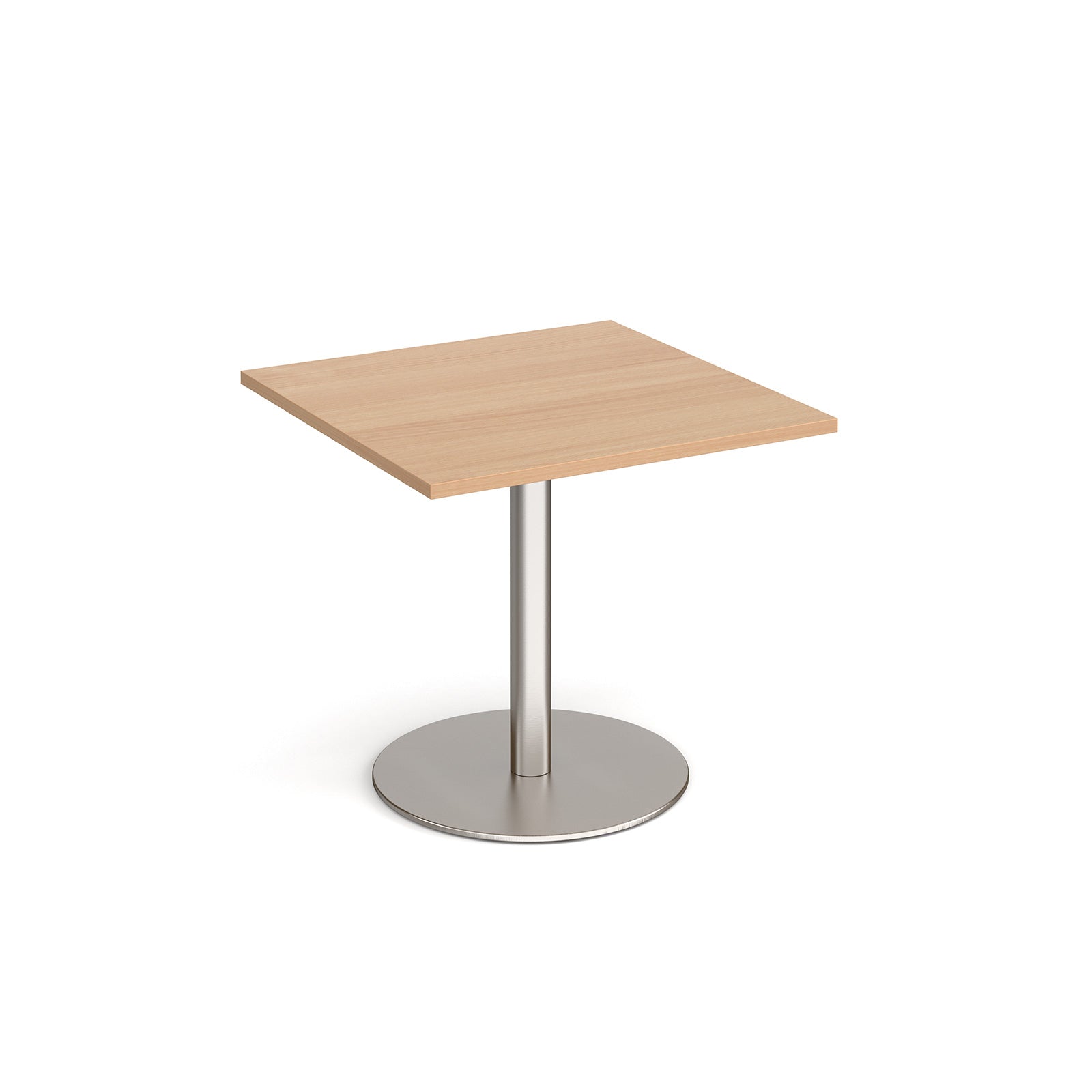 Square table with wood-effect top and metal base on a white background