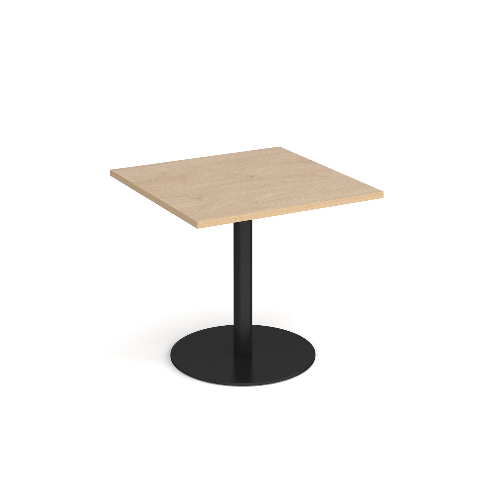 Square table with wood-effect top and metal base on a white background