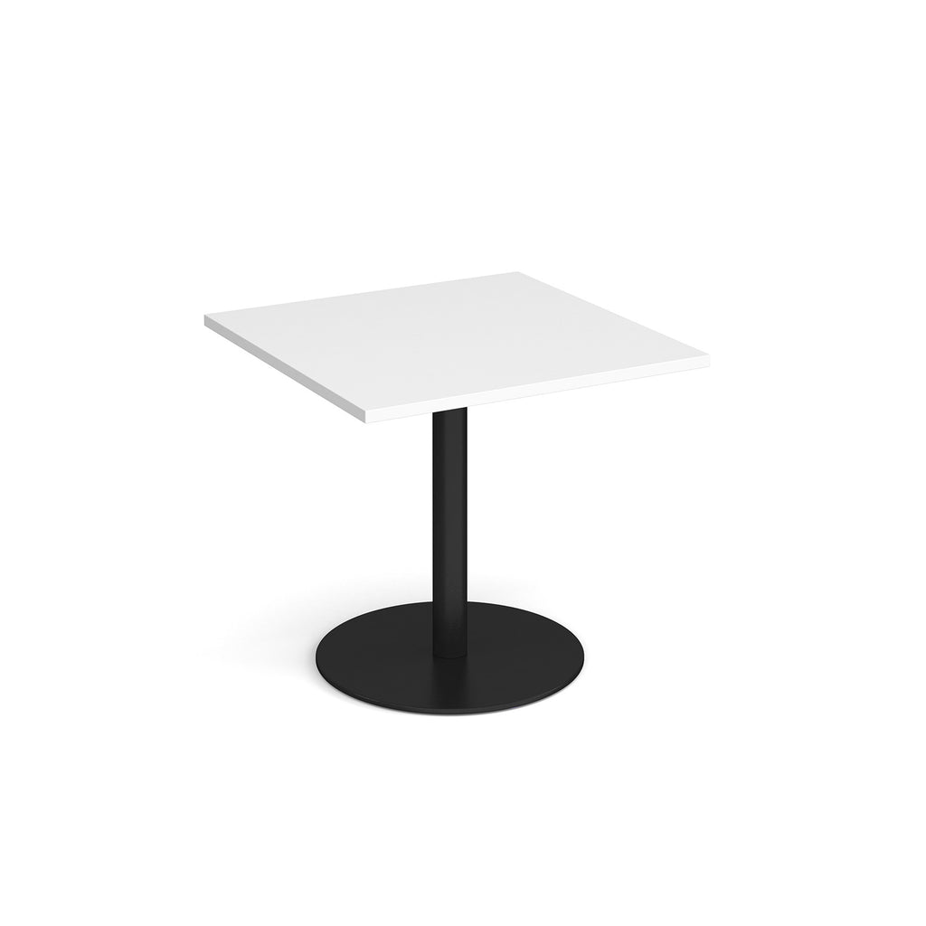Square table with white top and metal base on a white background