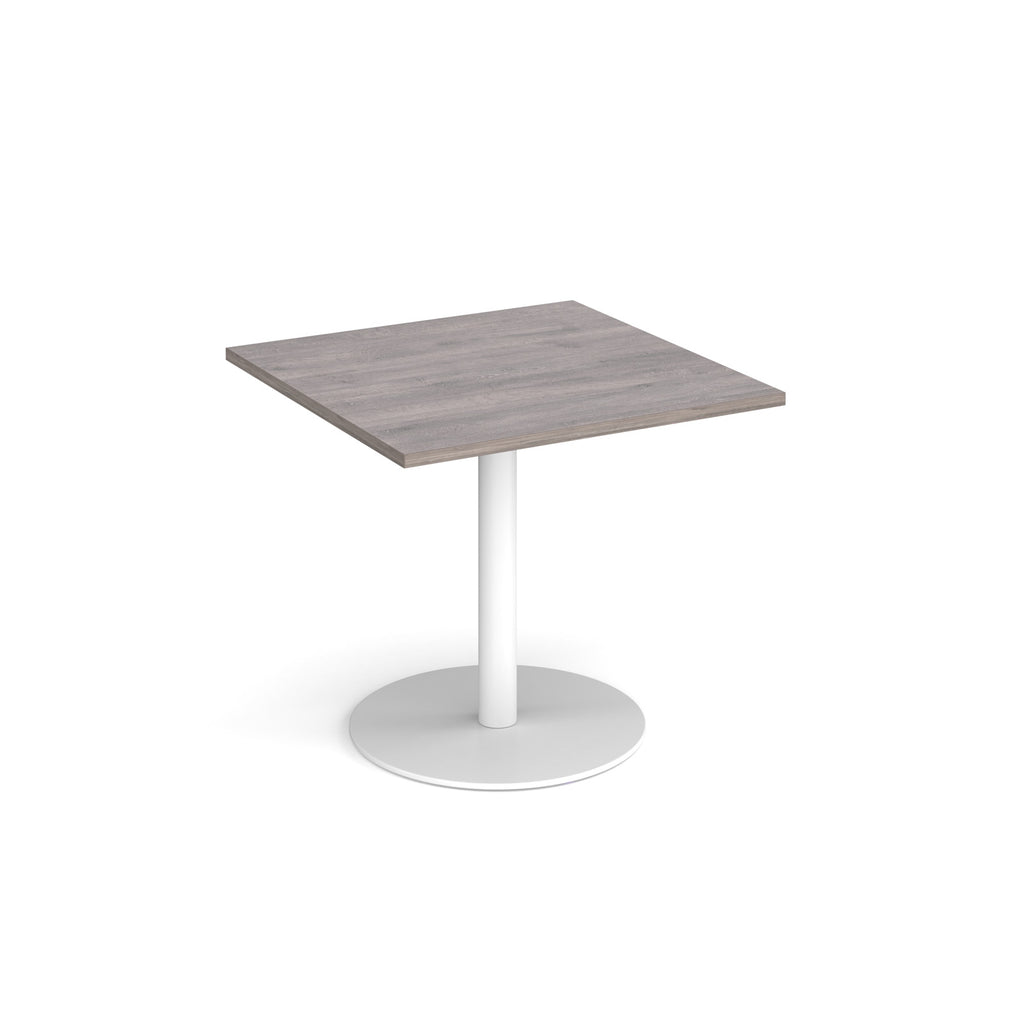 Square table with grey wood-effect top and metal base on a white background