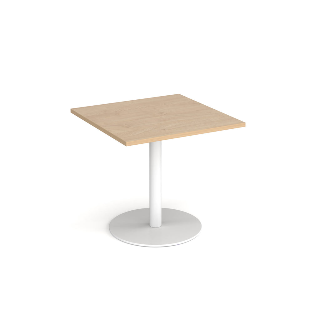 Square table with wood-effect top and metal base on a white background