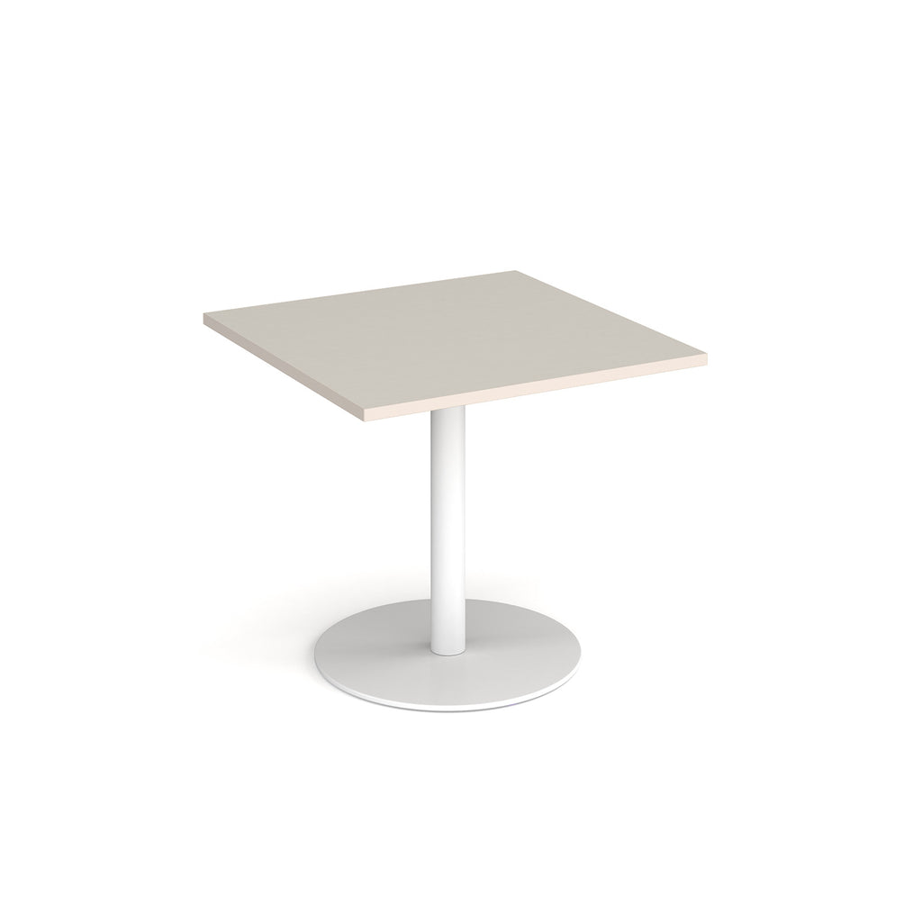 Square table with a light grey top and white base on a white background
