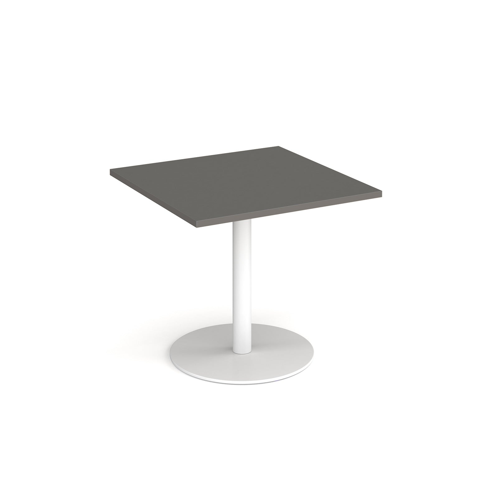 Square table with grey top and metal base on a white background