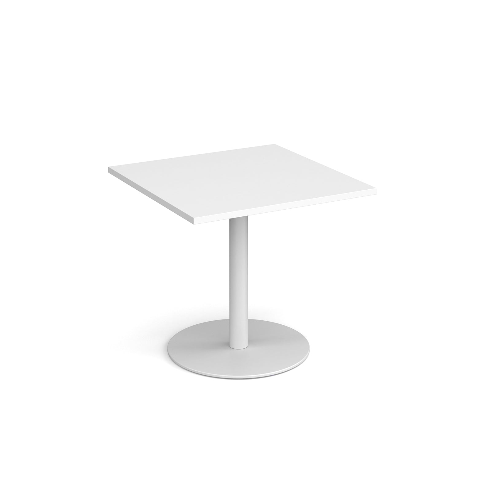 White square table with a round base on a white background