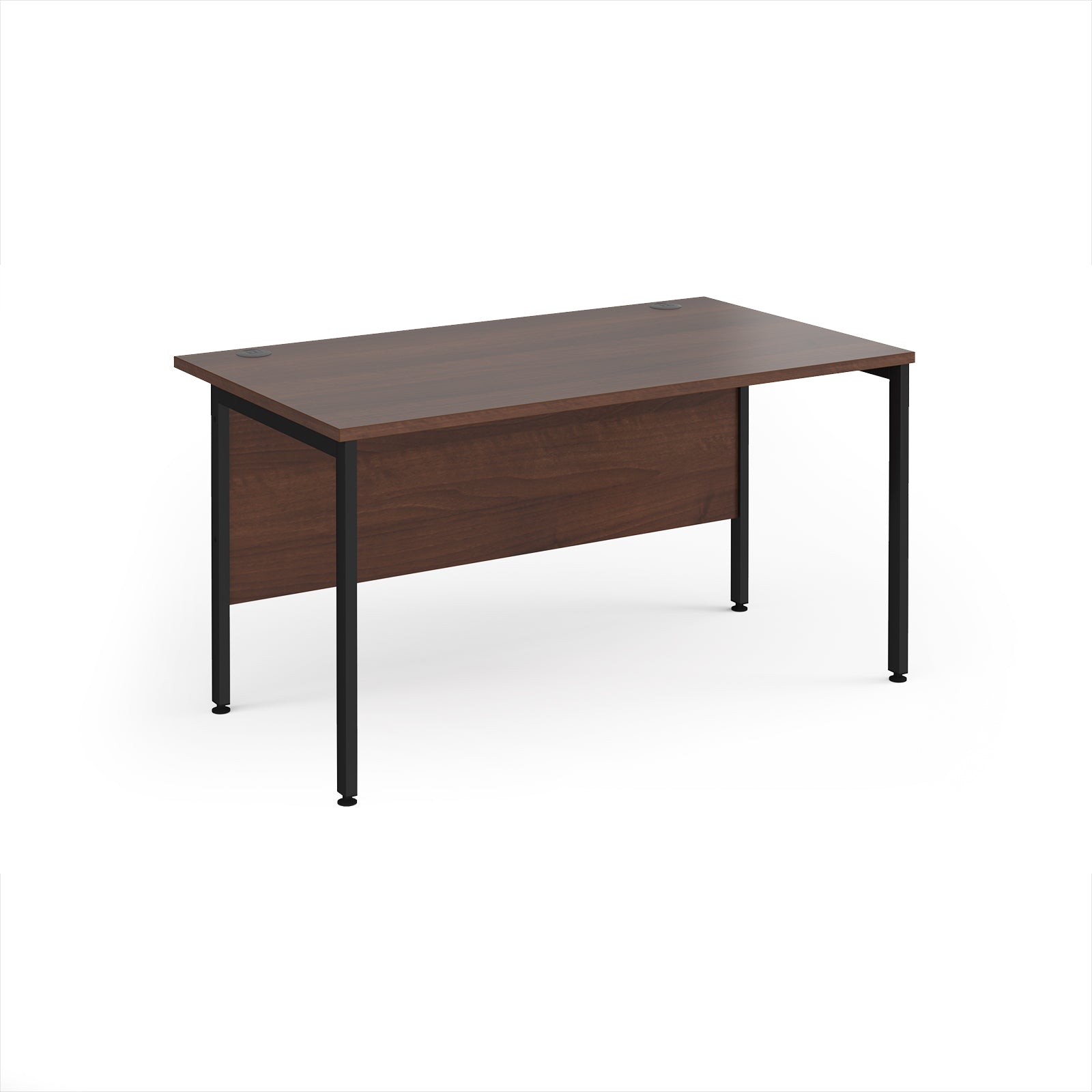 Office desk with wood-effect top and black metal legs on a white background