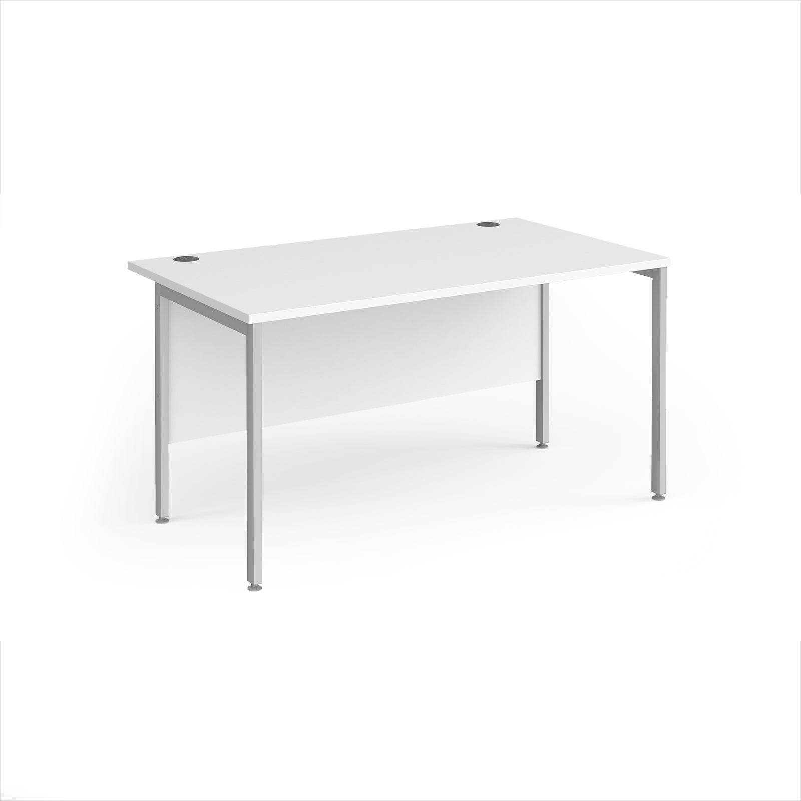 Office desk with white top and silver metal legs on a white background