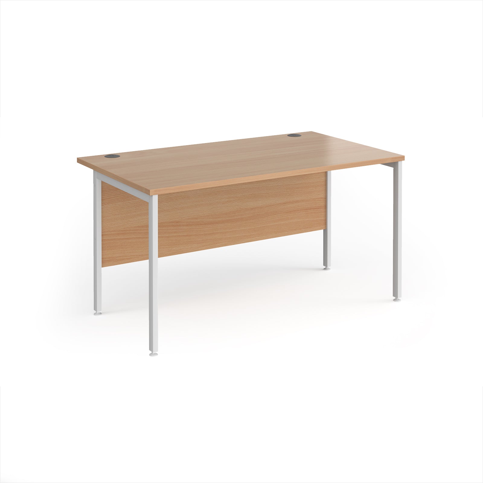 Office desk with wood-effect top and white metal legs on a white background