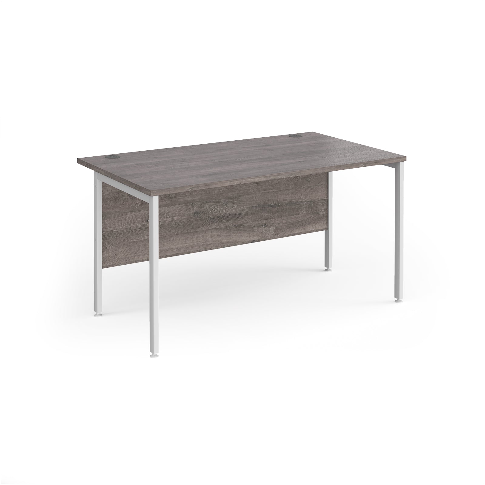 Office desk with grey wood-effect top and white metal legs on a white background