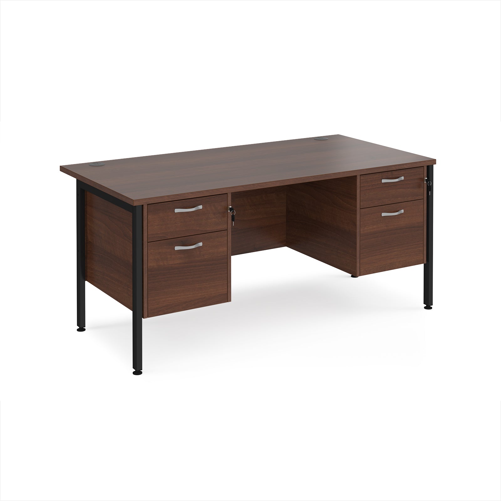 Wood-effect office desk with matching drawers and black metal frame on a white background