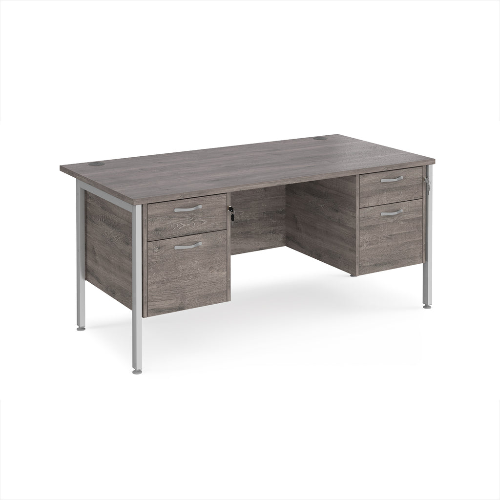 Wood-effect office desk with matching drawers and silver metal frame on a white background