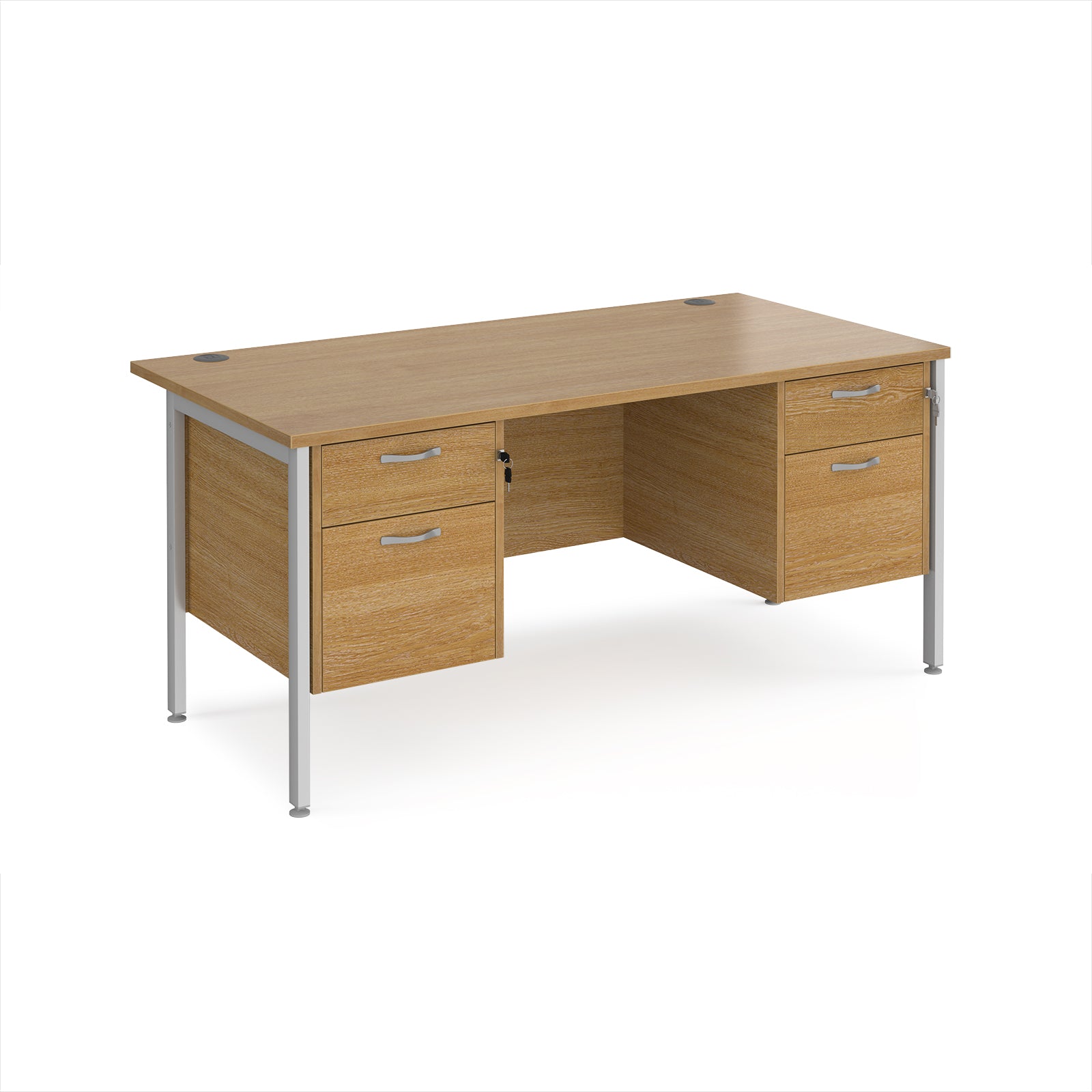 Wood-effect office desk with matching drawers and silver metal frame on a white background