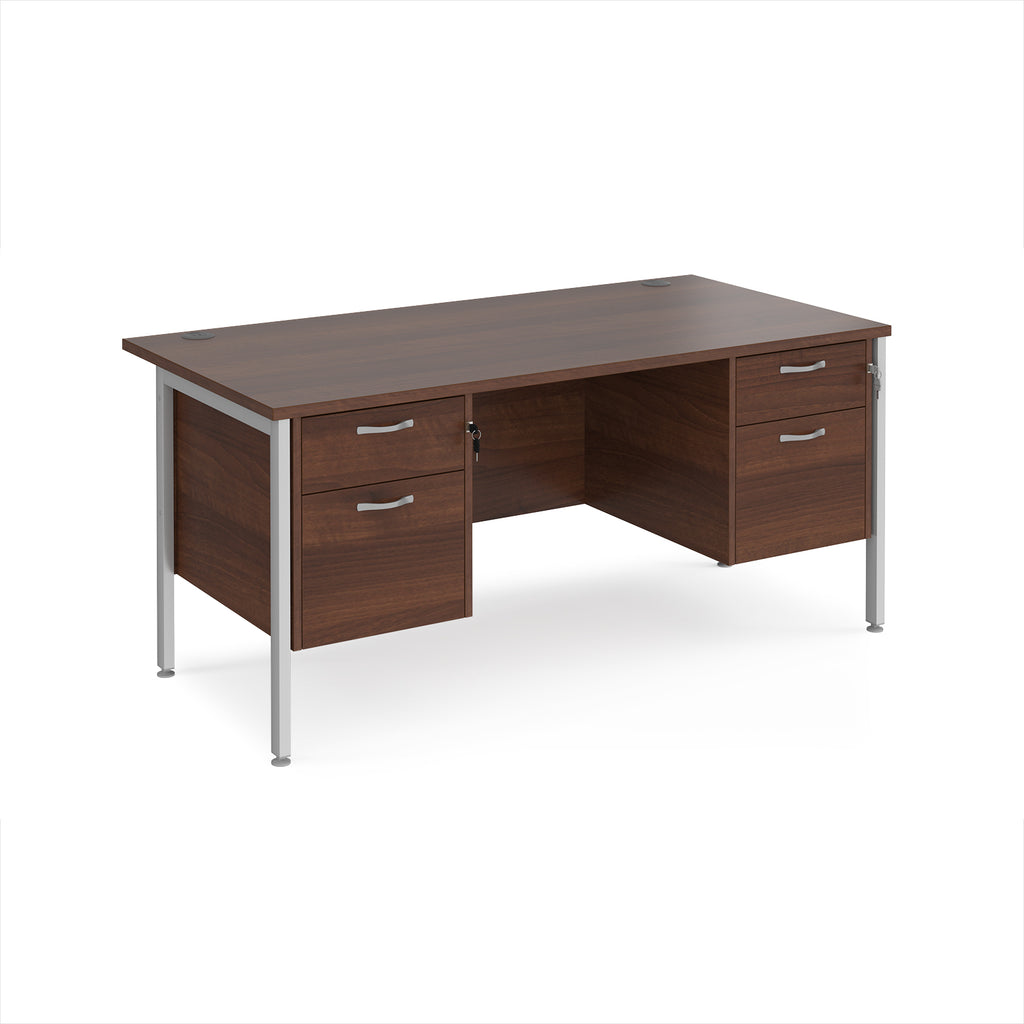Wood-effect office desk with matching drawers and silver metal frame on a white background
