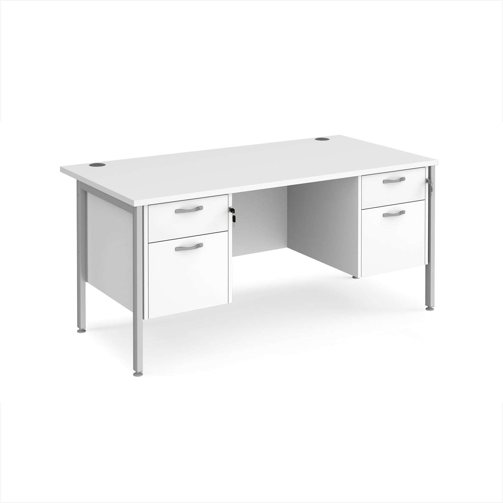 White office desk with matching drawers and silver metal frame on a white background