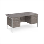 Wood-effect office desk with matching drawers and white metal frame on a white background