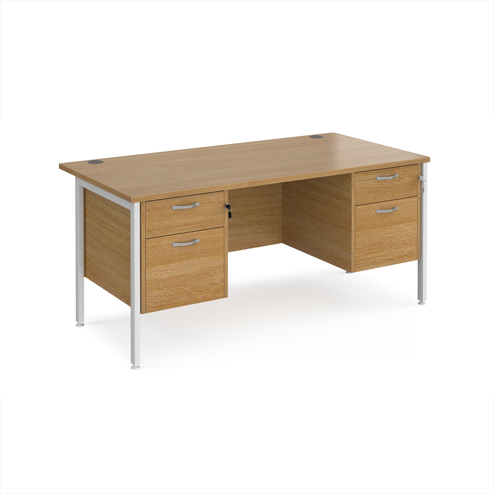 Wood-effect office desk with matching drawers and white metal frame on a white background