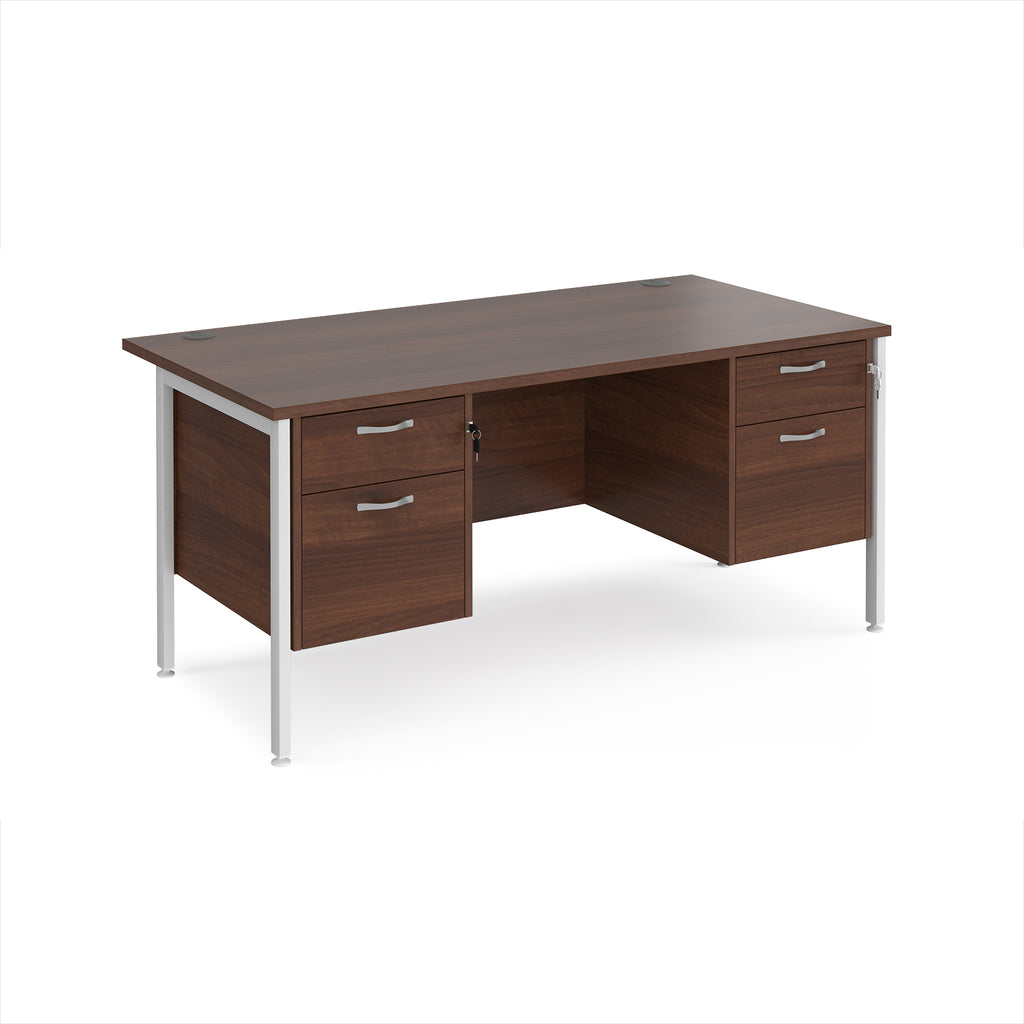 Wood-effect office desk with matching drawers and white metal frame on a white background