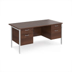 Wood-effect office desk with matching drawers and white metal frame on a white background
