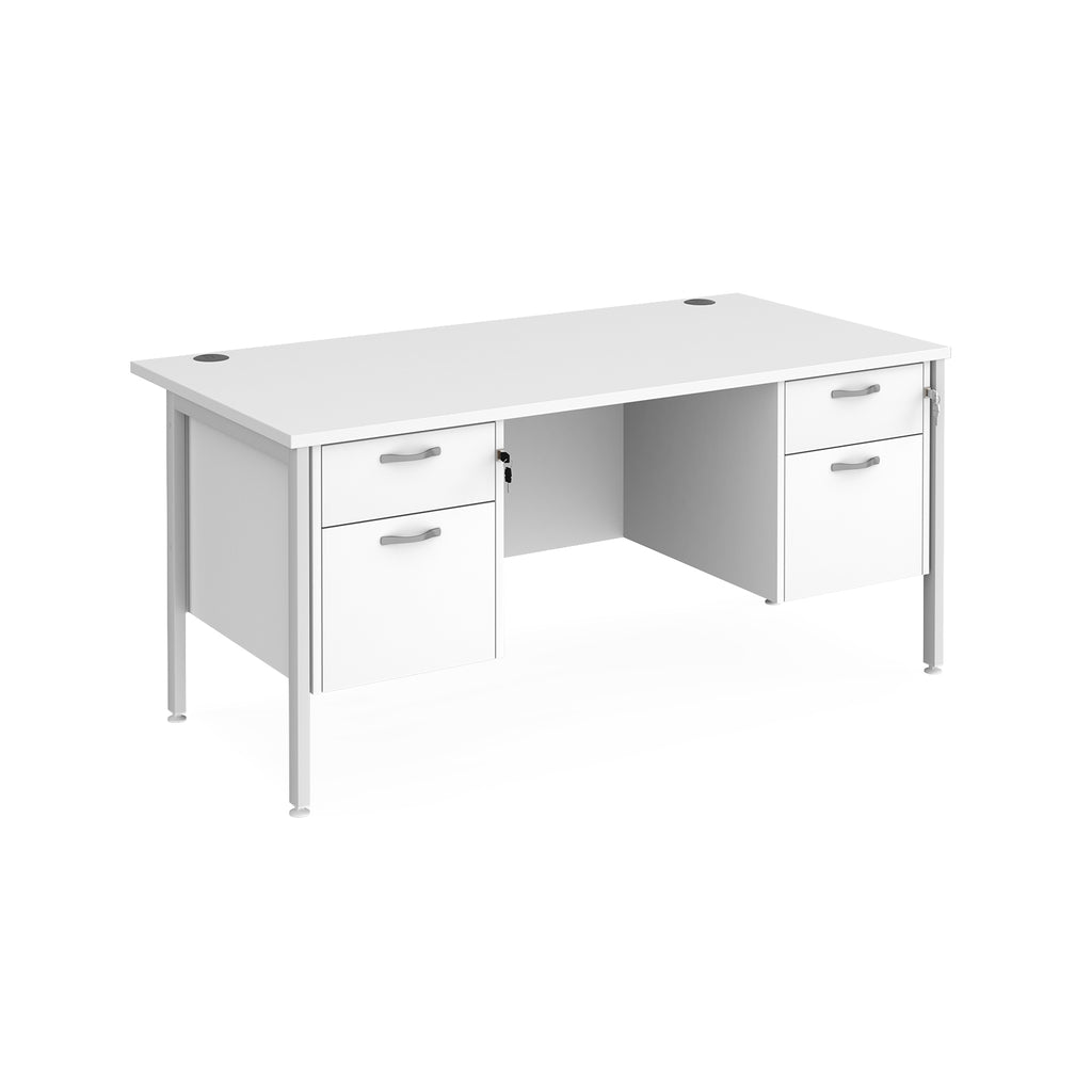 White office desk with matching drawers and white metal frame on a white background