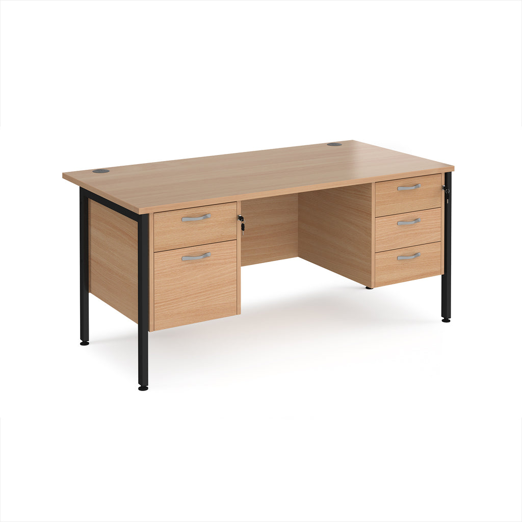 Wood-effect office desk with matching drawers and black metal frame on a white background